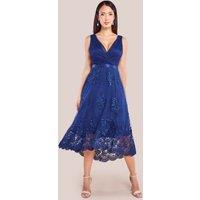 Goddiva Women's Pleated Satin Bodice High & Low Dress in Navy | Size: 8