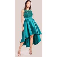 Goddiva Women's Sequin & Satin Dipped Hem Midi Dress in Emerald | Size: 8