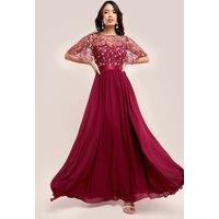 Goddiva Women's Embroidered Top Flutter Sleeve Maxi in Wine | Size: 8