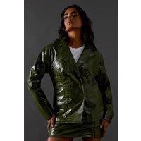 Warehouse Women's Croc Waist Detail Faux Leather Jacket in Green Olive | Size: 12