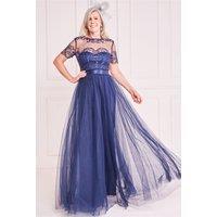 Goddiva Women's Mesh Embroidered Maxi Dress in Navy | Size: 8