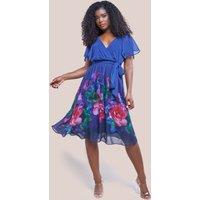 Goddiva Women's Chiffon Floral Border Print Midi Dress in Navy | Size: 10