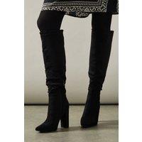 Oasis Women's Kenia Faux Suede High Block Heel Pointed Knee Boot in Natural Black | Size: 3
