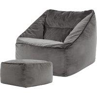 icon Natalia Velvet Adults Bean Bag Armchair & Pouffe, Ready Filled Large Beanbag & Footstool Olive Green in Charcoal