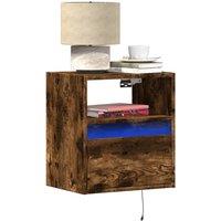 Berkfield Home Wall-mounted Bedside Cabinet with LED Lights Smoked Oak in Brown
