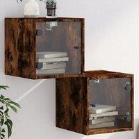 Berkfield Home Bedside Cabinets with Glass Doors 2 pcs Smoked Oak 35x37x35 cm in Brown | Size: 35 x 37 x 35 cm
