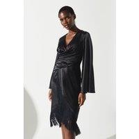 Coast Women's Satin Fringe Hem Wrap Waist Midi Dress in Black | Size: 8