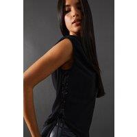 Warehouse Women's Chiffon Lace Up Detail Slash Neck Top in Black | Size: 8