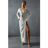 MissPap Women's Premium Satin Tie Front Long Sleeve Maxi Dress in Silver | Size: 8