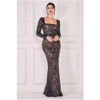 Goddiva Women's Sequin Square Neck Maxi With Scallop Hem in Black | Size: 10