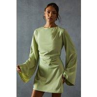 MissPap Women's Satin Slash Neck Cinched Waist Flare Sleeve Mini Dress in Sage | Size: 6