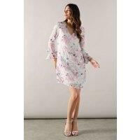 Wallis Women's Floral Metallic Ruffle Sleeve Shift Dress in Blush | Size: 14