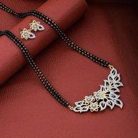 The Colourful Aura Women's Indian Nazaria Silver Floral Zircon Mangalsutra Black Beads Earring & Necklace | Size: 18 inches