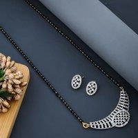 The Colourful Aura Women's Indian Nazaria Silver Zircon Dangle Mangalsutra Black Beads Earring & Necklace | Size: 18 inches