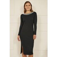 Yumi Women's Black Pearl Neckline Fitted Midi Knitted Dress | Size: Small
