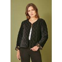 Yumi Women's Black Velvet Quilted Jacket With Reversible Leopard Lining | Size: 16
