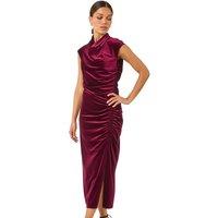 Roman Women's High Neck Velvet Midi Dress in Wine | Size: 14
