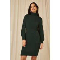 Yumi Women's Green Roll Neck Knitted Dress With Fitted Waist | Size: Large