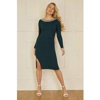 Yumi Women's Green Pearl Neckline Fitted Midi Knitted Dress | Size: Medium