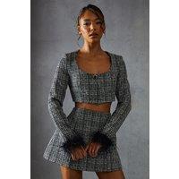 MissPap Women's Boucle Feather Trim Cropped Jacket in Black | Size: 10