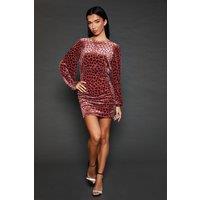 Dorothy Perkins Women's Velvet Animal Burnout Ruched Skirt Mini Dress in Berry | Size: 16