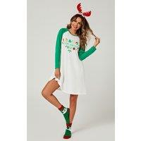 FS Collection Women's Christmas Holiday Nightgown Mini Dress In White & Green | Size: 10-12