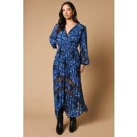 Oasis Women's Scarf Print Pleated Lace Trim Insert Wrap Midi Dress in Blue | Size: 8