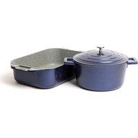 MasterClass 2pc Blue Cast Aluminium Cookware Set, 4L Casserole Dish 34cm Pan in Midnight