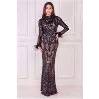 Goddiva Women's Sequin High Neck Feather Cuff Maxi Dress in Black | Size: 8