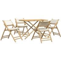 Berkfield Home 5 Piece Folding Bistro set with Cream White Cushions Bamboo in Brown