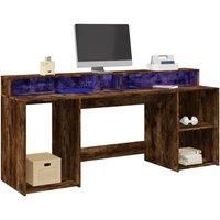 Berkfield Home Desk with LED Lights Smoked Oak 200x55x91 cm Engineered Wood in Brown | Size: 200 x 55 x 91 cm