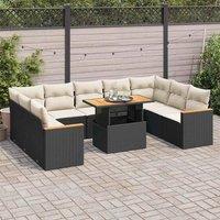 10 Piece Garden Sofa Set with Cushions Black Poly Rattan Acacia
