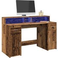 Berkfield Home Desk with LED Lights Old Wood 140x55x91 cm Engineered Wood in Brown | Size: 140 x 55 x 91 cm