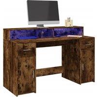 Berkfield Home Desk with LED Lights Smoked Oak 140x55x91 cm Engineered Wood in Brown | Size: 140 x 55 x 91 cm