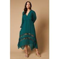 Oasis Women's Pleated Lace Trim Insert Wrap Midi Dress in Green | Size: 10