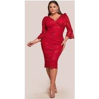 Goddiva Women's Scallop Lace Midi Dress in Red | Size: 22