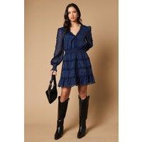 Oasis Women's Plain Organza Ruffle Detail Mini Dress in Navy | Size: 10