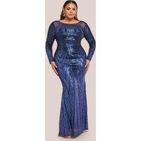 Goddiva Women's Long Sleeve Aztec Sequin Maxi Dress in Navy | Size: 24