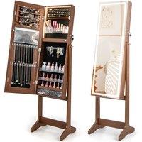 Costway Standing Jewelry Cabinet Lockable Jewelry Armoire w/ LED Lights in Brown