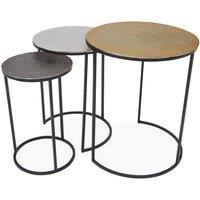Orsina Nest Of Three Hammered Metal Tables, Gold, Silver & Black Round Table Tops, Modern Nesting Tables