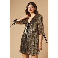 Oasis Women's Sequin Velvet Bow Puff Sleeve Mini Dress in Gold | Size: 8