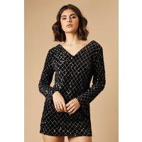 Oasis Women's Sequin Geometric Trim Flared Sleeve Mini Dress in True Black | Size: 8
