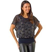 Roman Women's Metallic Lace Bubble Hem Top in Navy | Size: 20