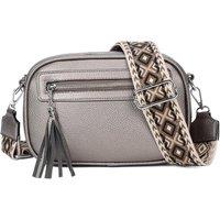 Fontanella Fashion Women's Quadruple Zipped PU Leather Tassel Crossbody Camera Bag with Canvas Strap in Metallic Silver