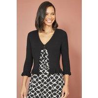 Yumi Women's Black Tie Up Ribbed Cardigan With Frill Hem | Size: Medium