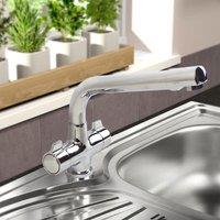 Nes Home Kitchen Sink Mixer Tap Swivel Spout Twin Handles Chrome Monobloc Deck Mounted in Metallic Silver
