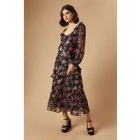 Dorothy Perkins Women's Black Floral Ruffle Long Sleeve Chiffon Metallic Midi Dress | Size: 8