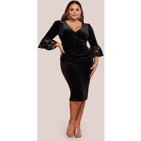 Goddiva Women's Crochet Velvet Wrap Midi Dress in Black | Size: 22