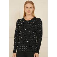 Yumi Women's Black All Over Pearl Knitted Jumper | Size: Large