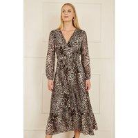 Yumi Women's Brown Leopard Print Pleated Long Sleeve Wrap Midi Dress | Size: 10